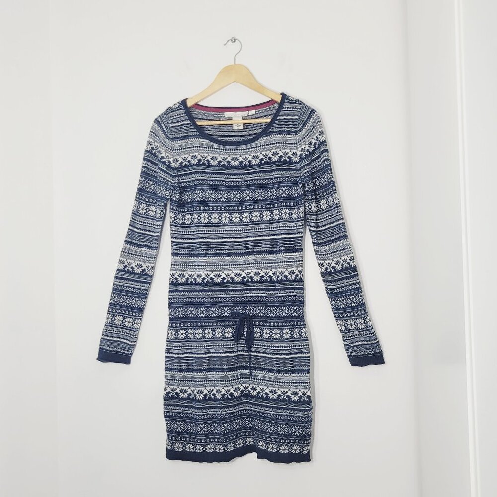 H&M L.O.G.G Navy Blue & White Cotton Blend Fair Isle Long Sleeve Sweater Dress